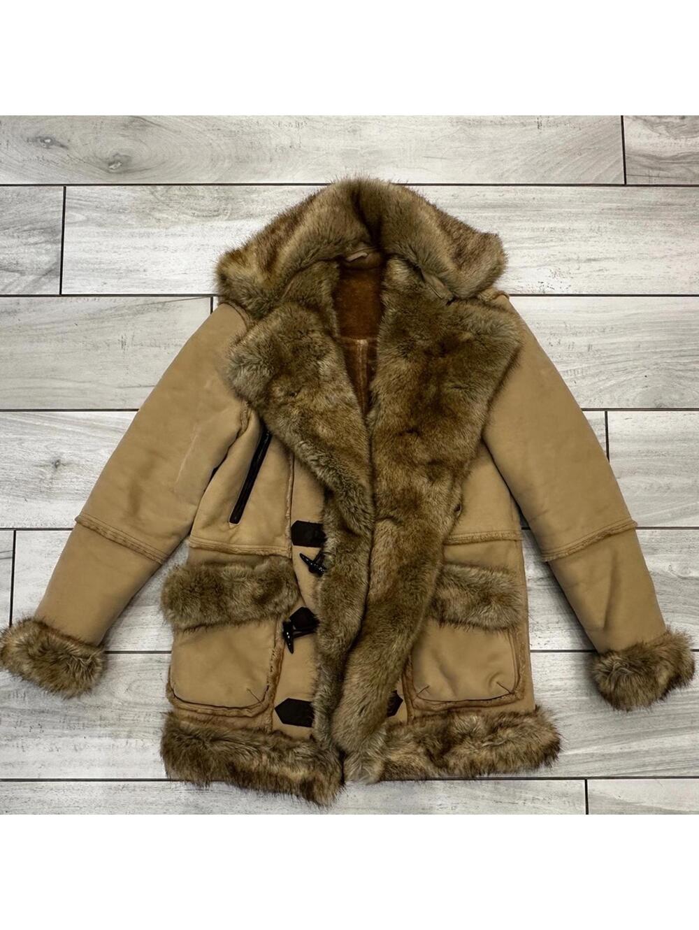 Women's vintage Tan Faux shearling Fur Trim interior Coat size small